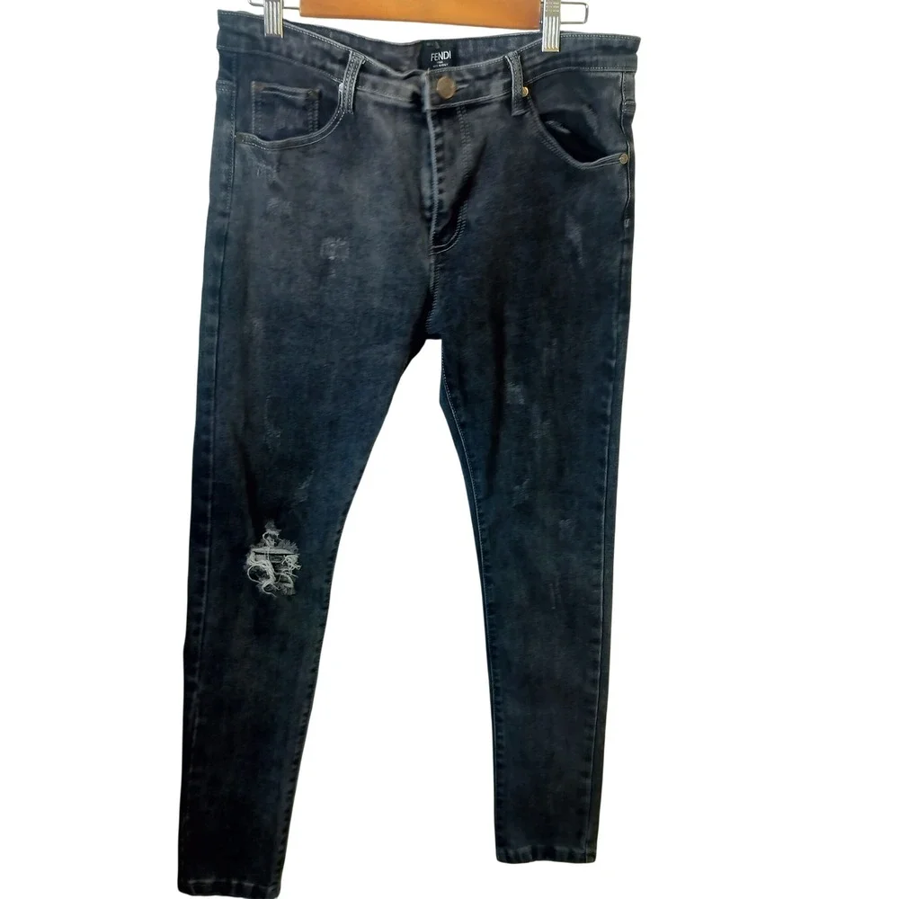 Fendi Roma Mens‎ Distressed Slim Fit Jeans Faded Black Monogram Pocket Italy
